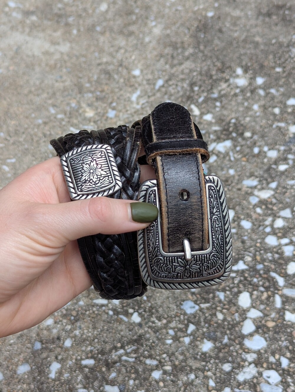 Men's Braided Leather Belt with Decorative Silver Buckle - Black
